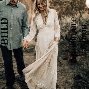 BHLDN Belize Embroidered Long Sleeve V Neck Gown in Champagne Size 10 New